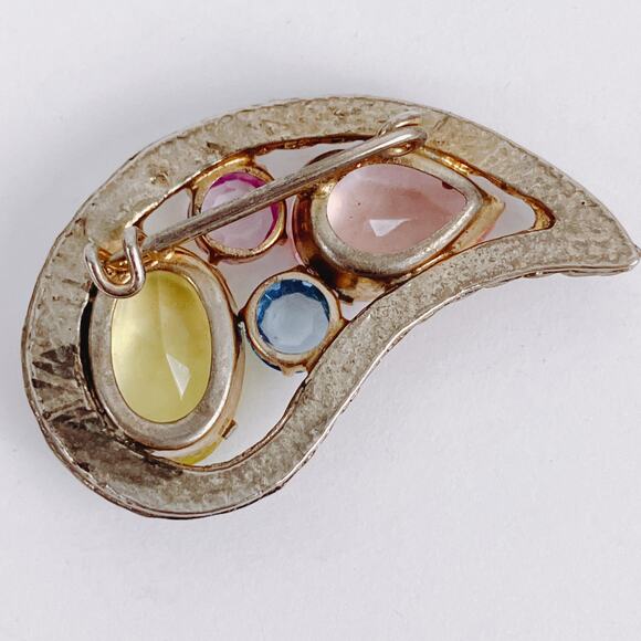 VTG 40s 50s Mid Century Lucite Paisley Brooch Gold Tone Multicolor Pin Sparkly - Picture 8 of 10